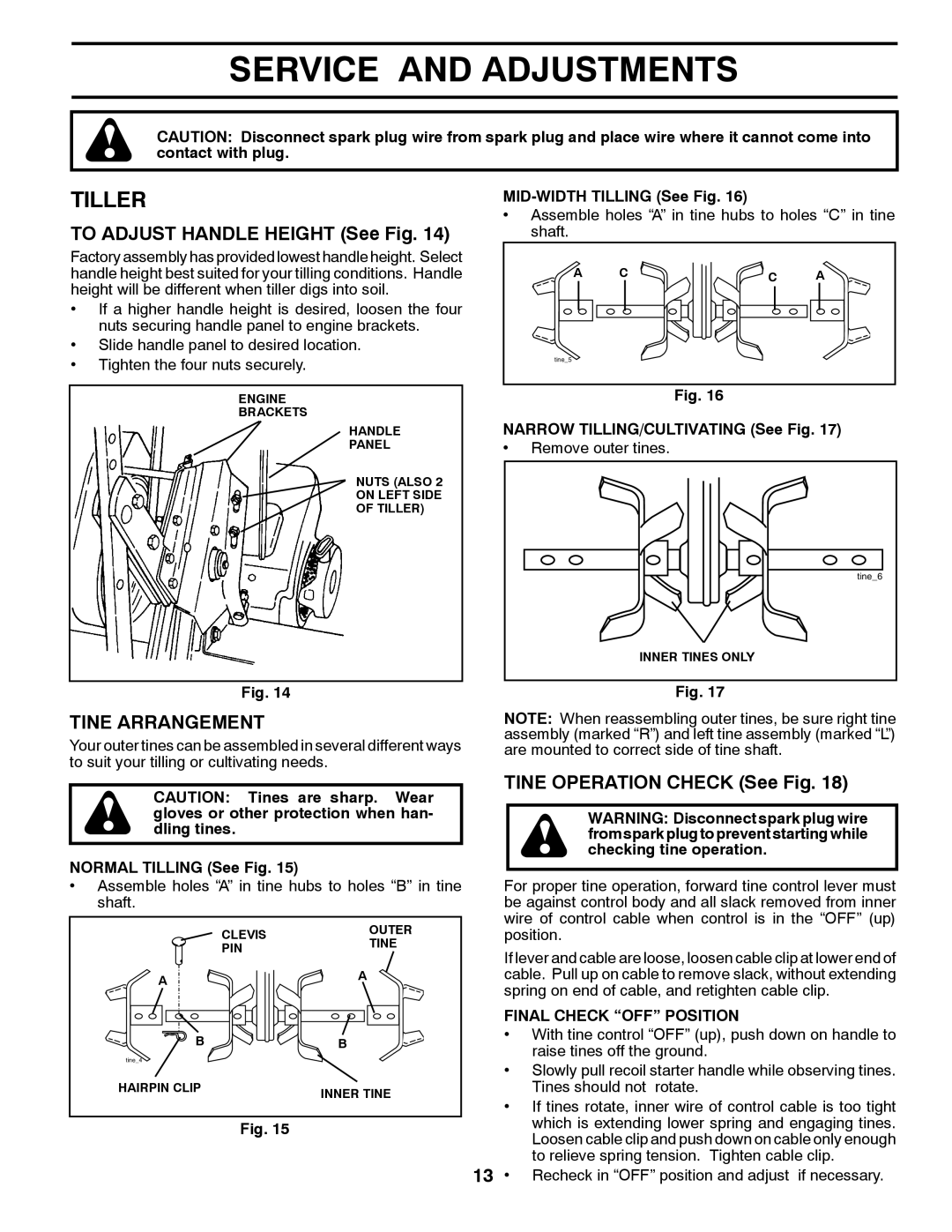 Poulan 432822, 96082001900 manual Service and Adjustments, Tiller, To Adjust Handle Height See Fig, Tine Arrangement 