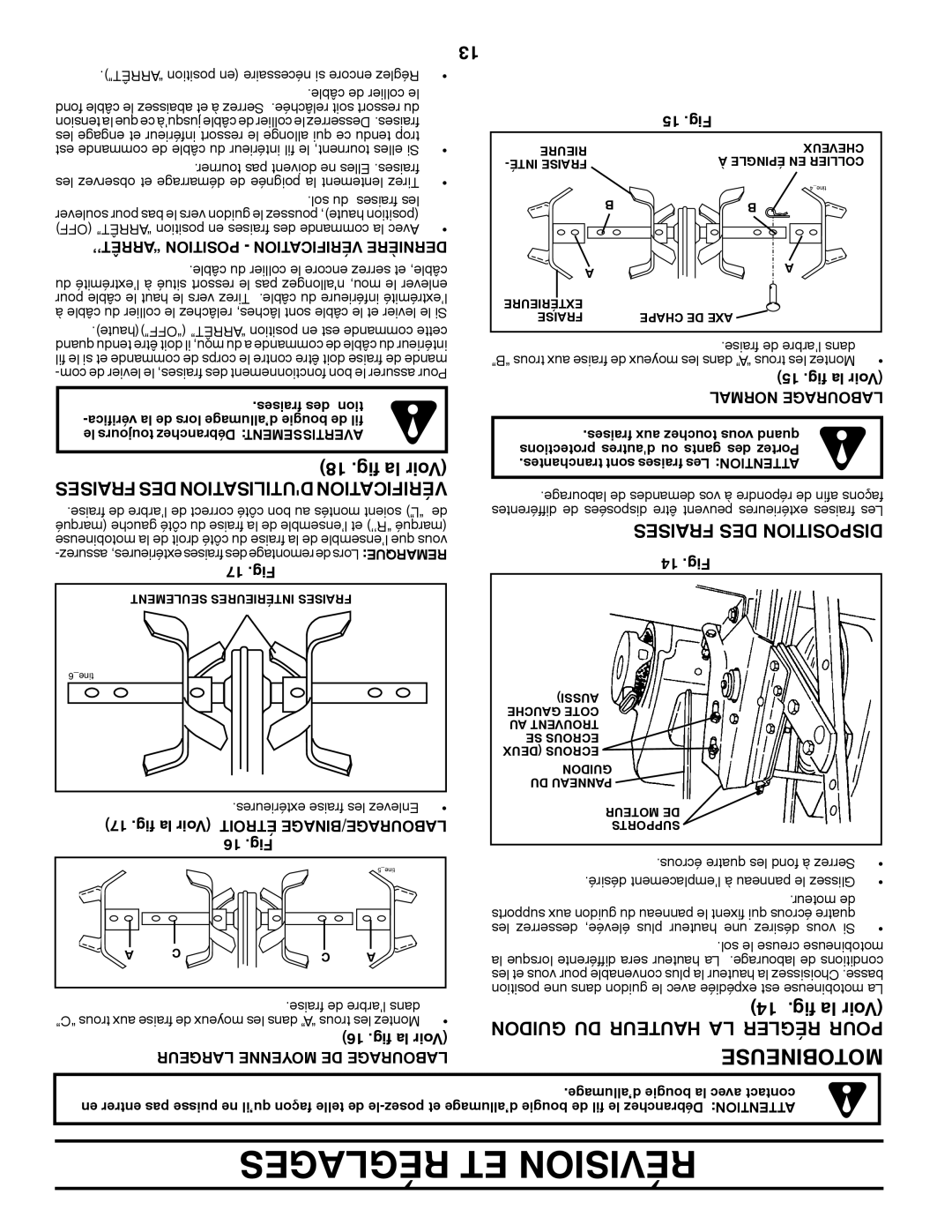 Poulan 96082001900 manual Motobineuse, Fig la Voir Guidon DU Hauteur LA Régler Pour, Sesfrai DES Dutilisation Vérification 