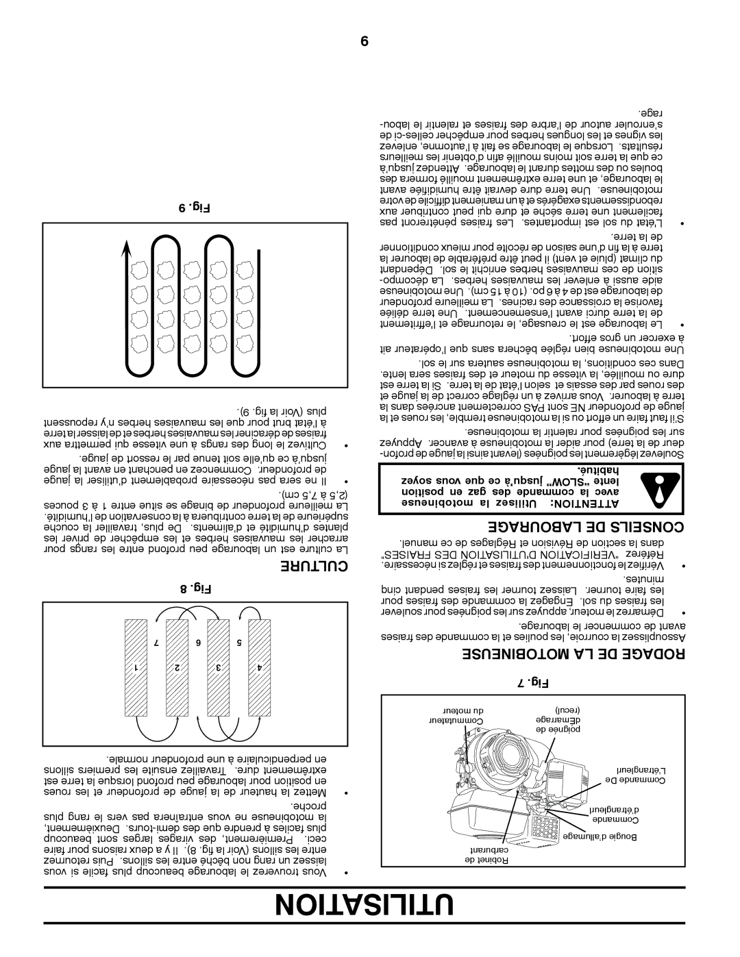 Poulan 96082001900, 432822 manual Utilisation, Labourage DE Conseils, Motobineuse LA DE Rodage, Culture 