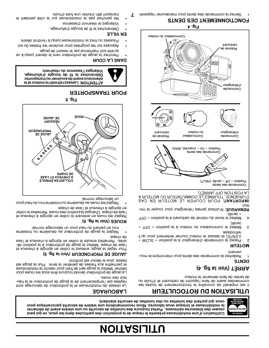 Poulan 96082001900, 432822 manual Labourage, Fig la Voir Arrêt, Transporter Pour, Dents DES Fonctionnement 