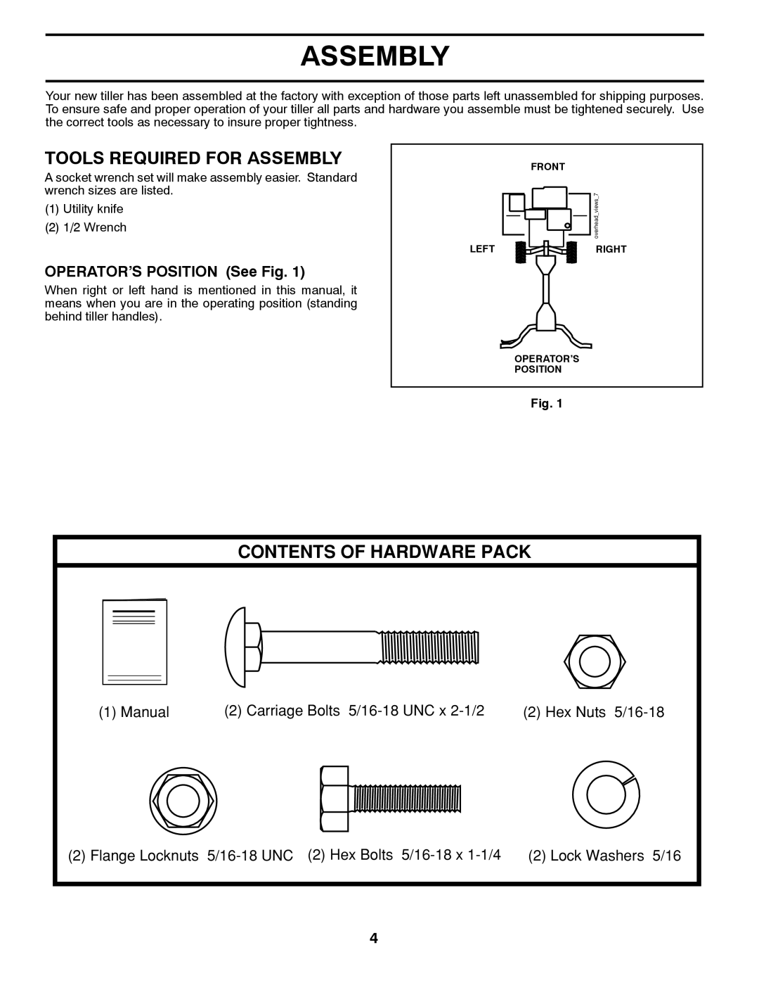 Poulan 96082001900, 432822 manual Tools Required for Assembly, OPERATOR’S Position See Fig 