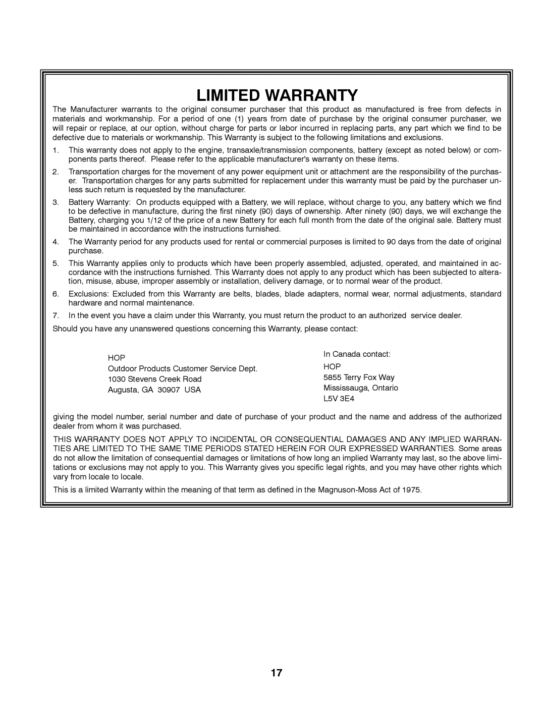Poulan 432822, 96082001900 manual Limited Warranty 