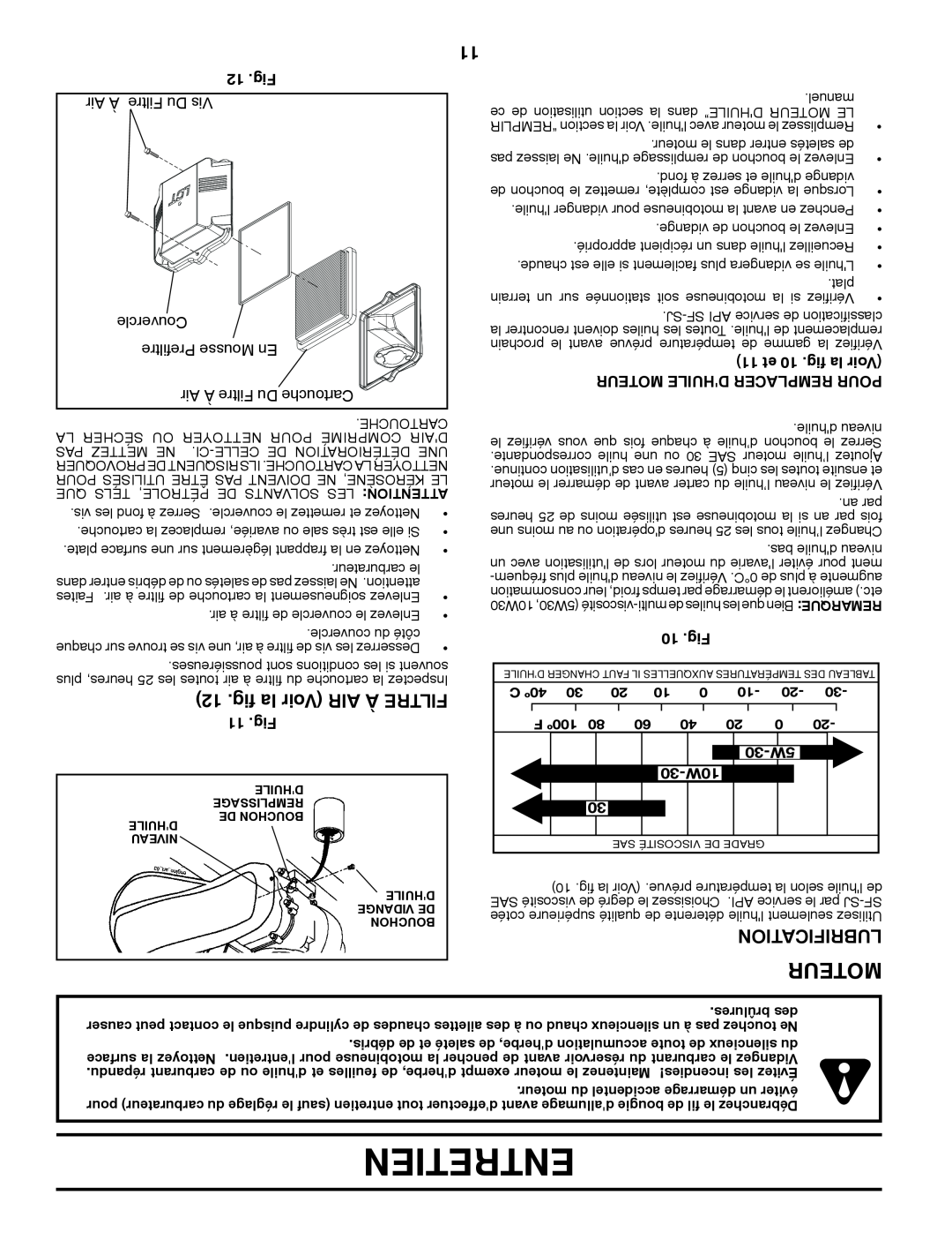Poulan 96082001900 manual fig la Voir AIR À FILTRE, Lubrification, 12 .Fig, Moteur Dhuile Remplacer Pour, 11 .Fig, 10 .Fig 