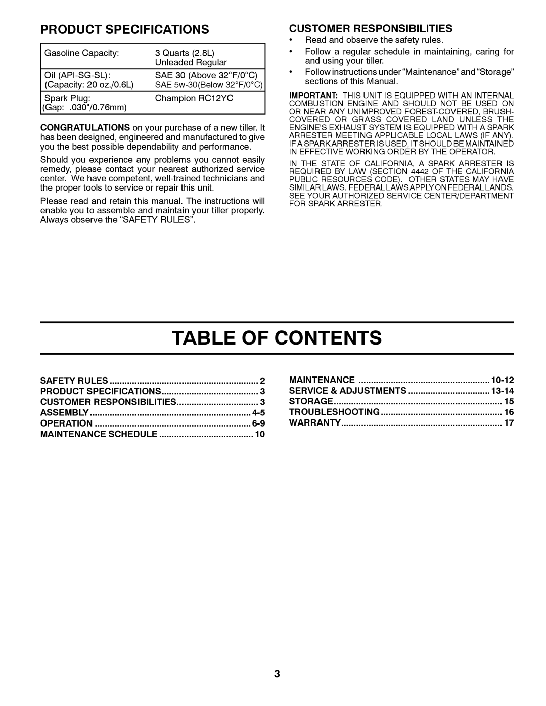 Poulan 432822, 96082001900 manual Table Of Contents, Product Specifications, Customer Responsibilities, 10-12, 13-14 