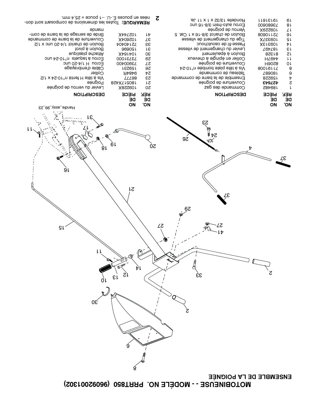 Poulan 96092001302 manual Poignée LA DE Ensemble 