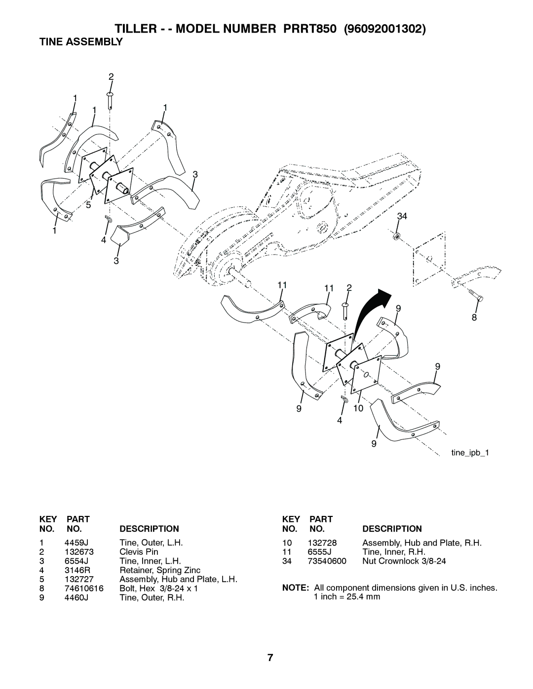 Poulan 96092001302 manual Tine Assembly 