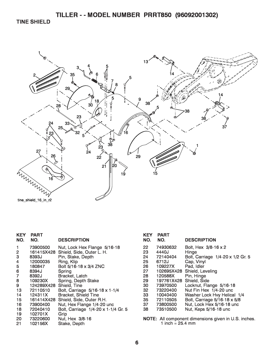 Poulan 96092001302 manual Tine Shield, TILLER - - MODEL NUMBER PRRT850, Part, Description 