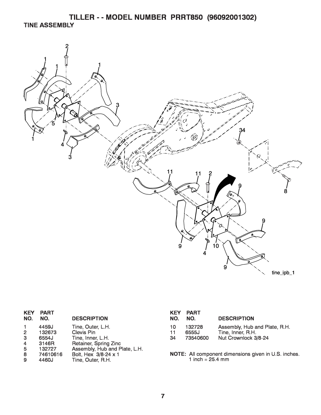Poulan 96092001302 manual Tine Assembly, TILLER - - MODEL NUMBER PRRT850, Part, Description 
