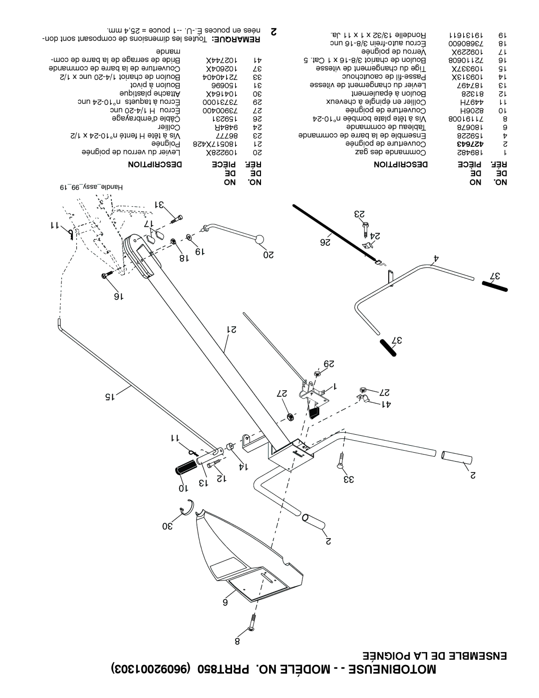 Poulan 96092001303 manual Poignée LA DE Ensemble 