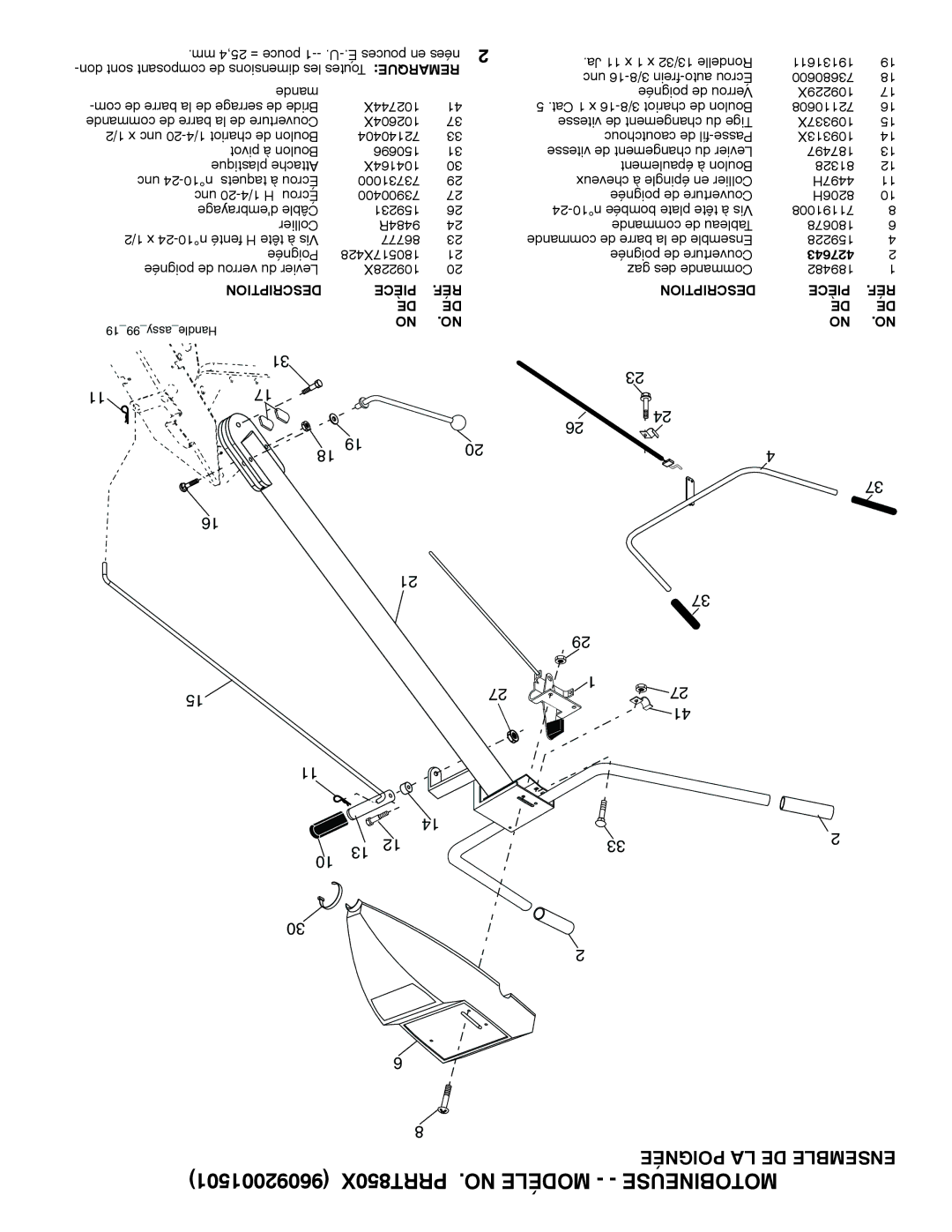 Poulan 96092001501 manual Poignée LA DE Ensemble 