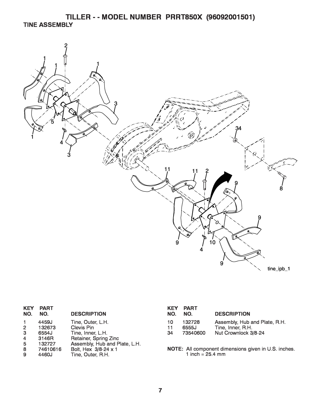 Poulan 96092001501 manual Tine Assembly, TILLER - - MODEL NUMBER PRRT850X, Part, Description 