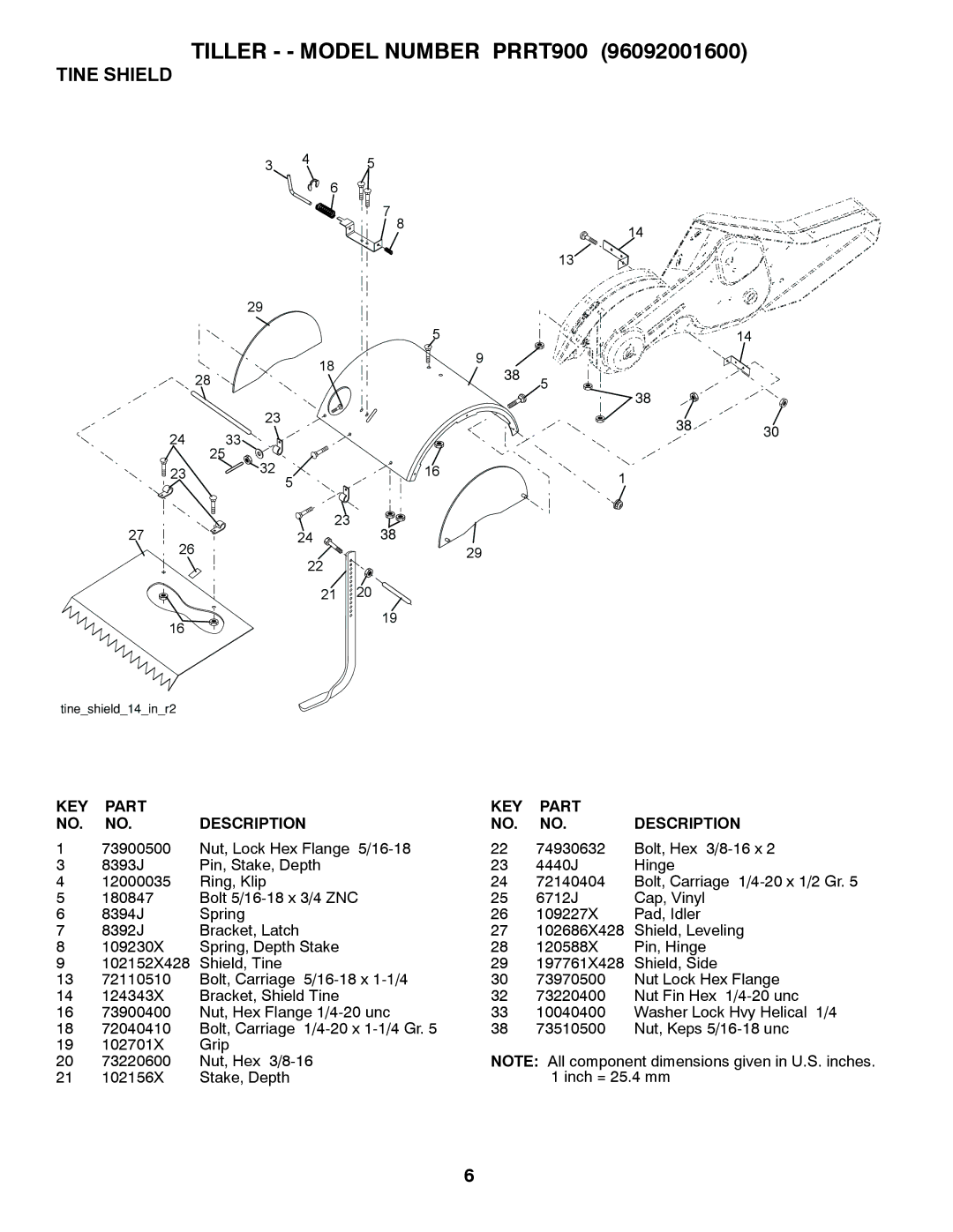 Poulan 96092001600 manual Tine Shield 