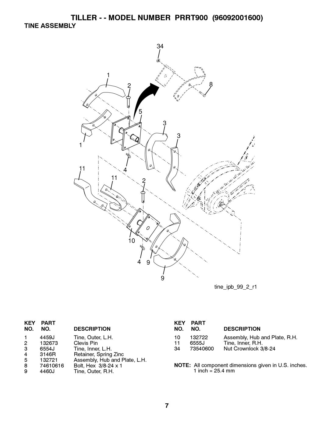 Poulan 96092001600 manual Tine Assembly,        