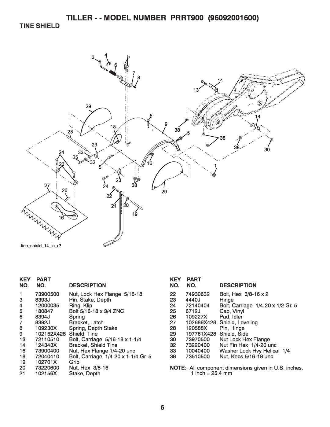 Poulan 96092001600 manual Tine Shield, TILLER - - MODEL NUMBER PRRT900, Part, Description 