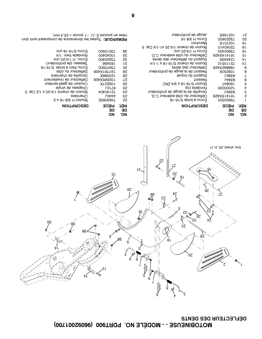 Poulan 96092001700 manual Dents DES Déflecteur 