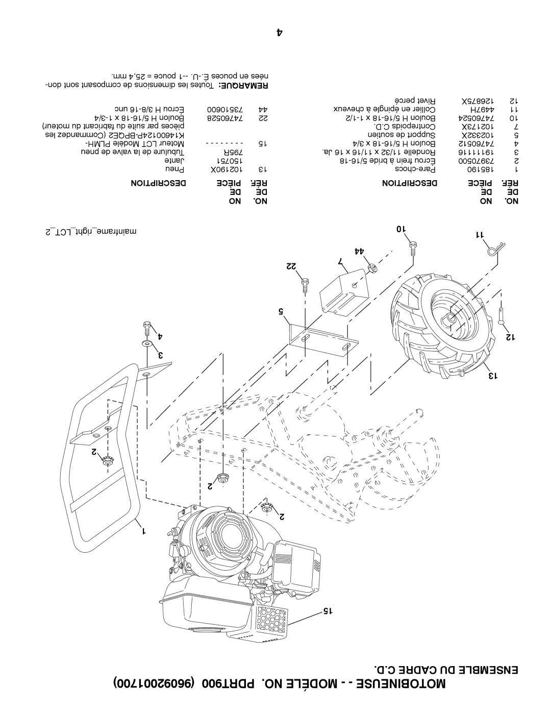 Poulan 96092001700 manual Cadre DU Ensemble,   