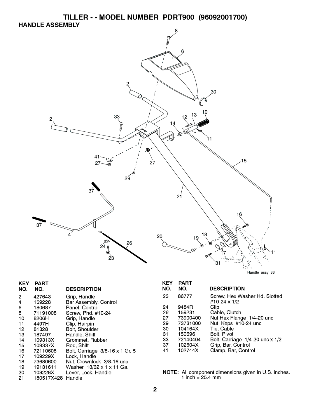 Poulan 96092001700 manual Tiller - Model Number PDRT900, Handle Assembly 