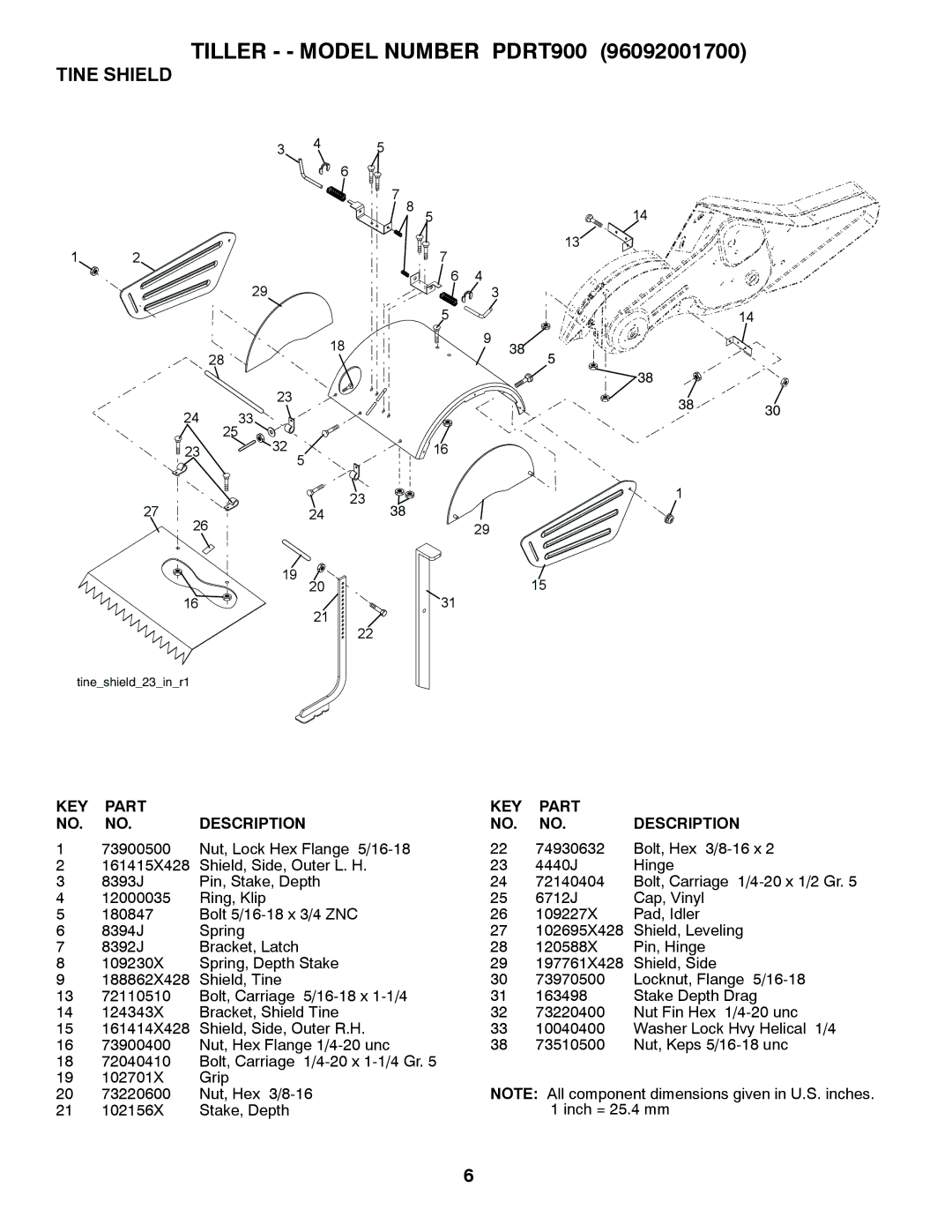 Poulan 96092001700 manual Tine Shield 