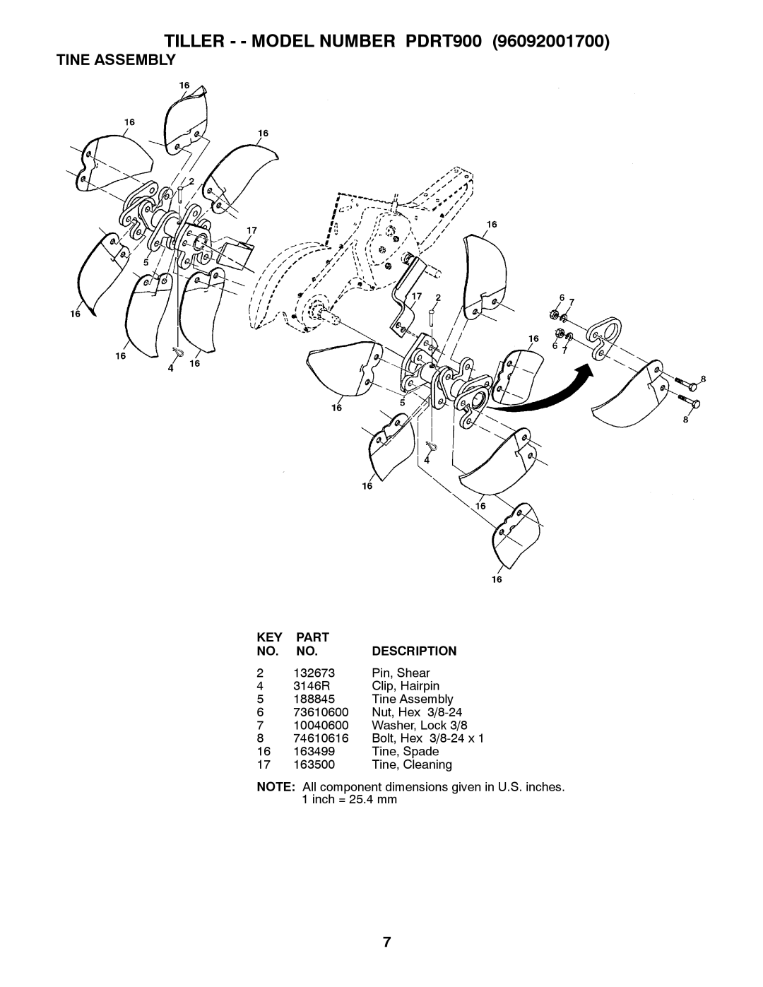 Poulan 96092001700 manual Tine Assembly 