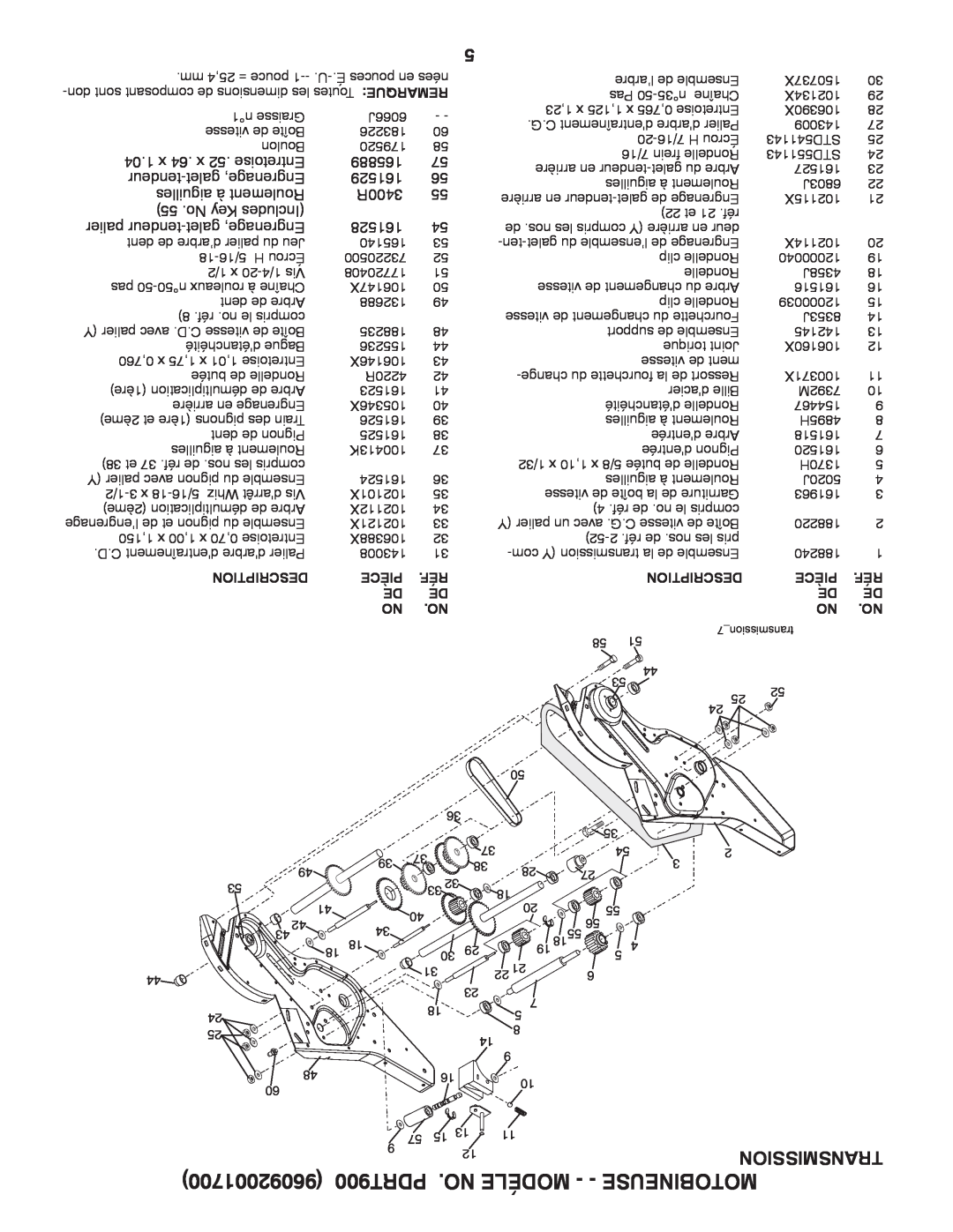 Poulan 96092001700 manual PDRT900 .NO MODÉLE - - MOTOBINEUSE, Transmission, Description, Pièce 