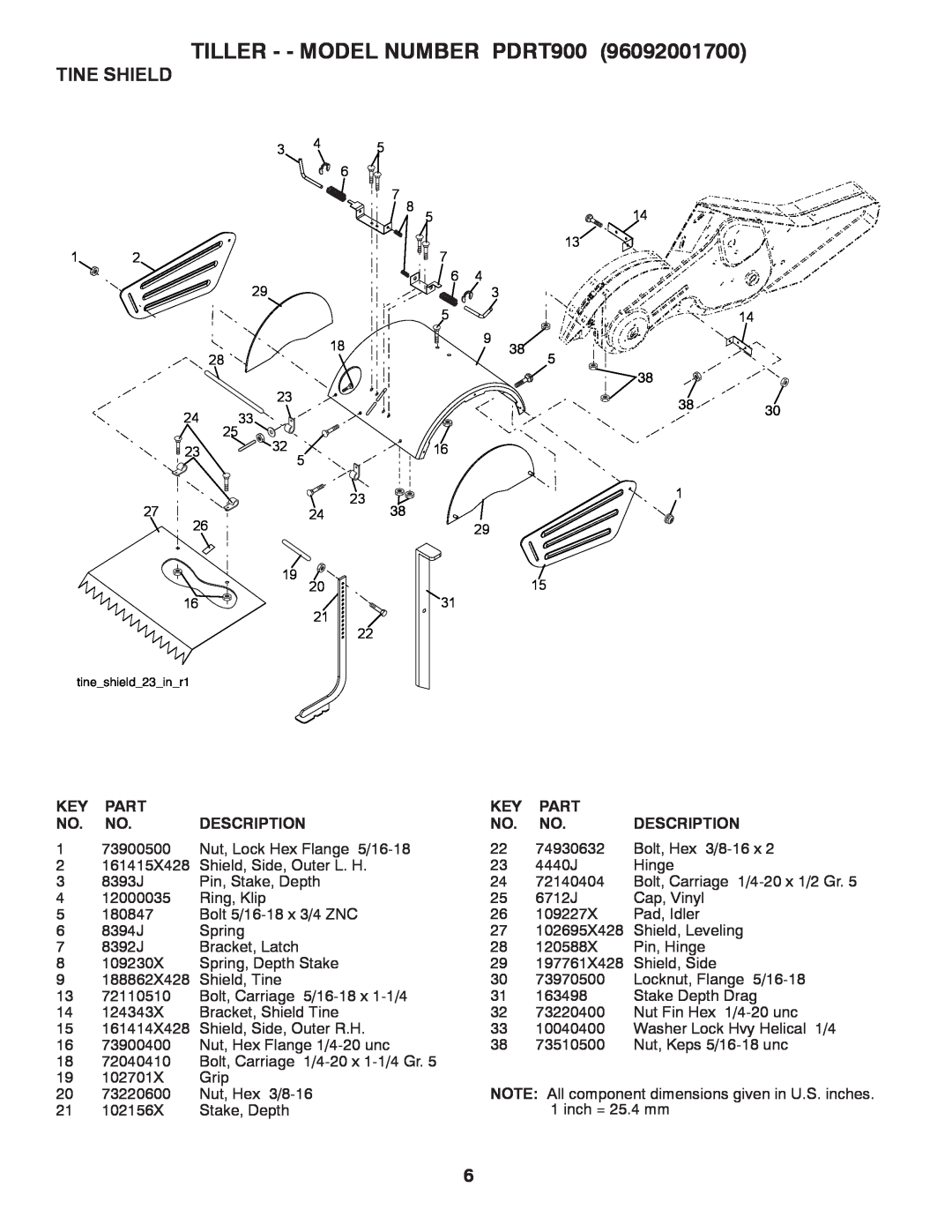 Poulan 96092001700 manual Tine Shield, TILLER - - MODEL NUMBER PDRT900, Part, Description 
