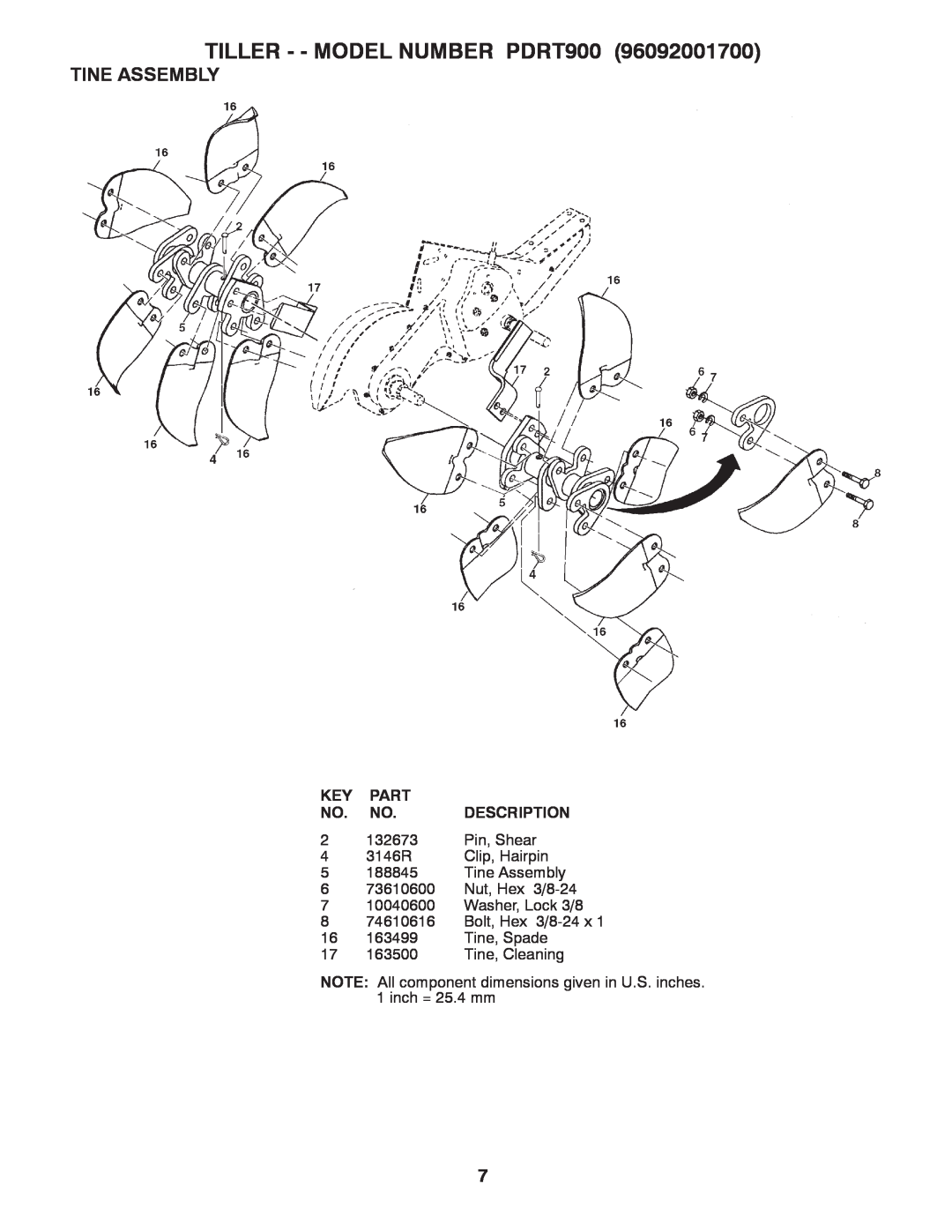 Poulan 96092001700 manual Tine Assembly, TILLER - - MODEL NUMBER PDRT900, Part, Description 