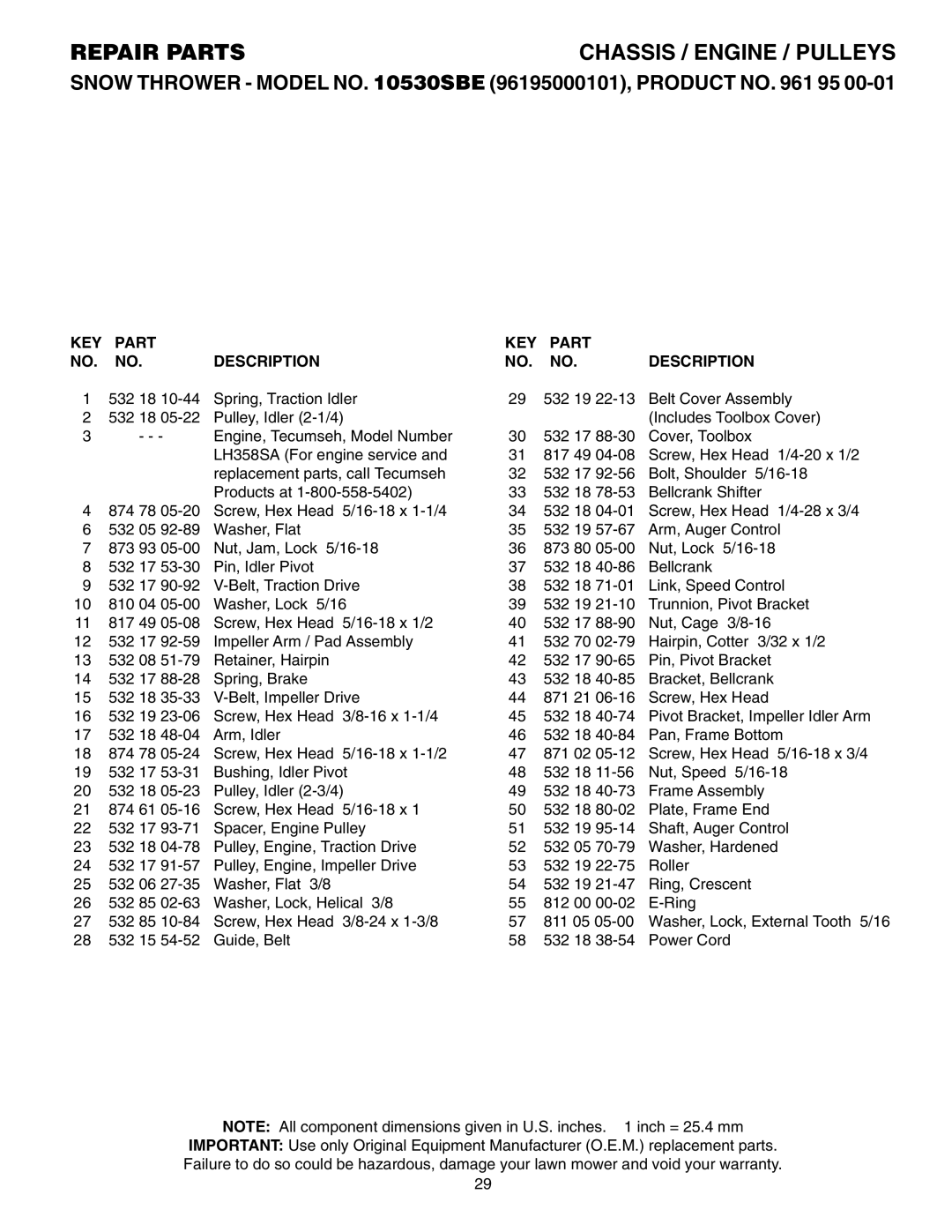 Poulan 961 95 00-01, 10530SBE manual KEY Part Description 