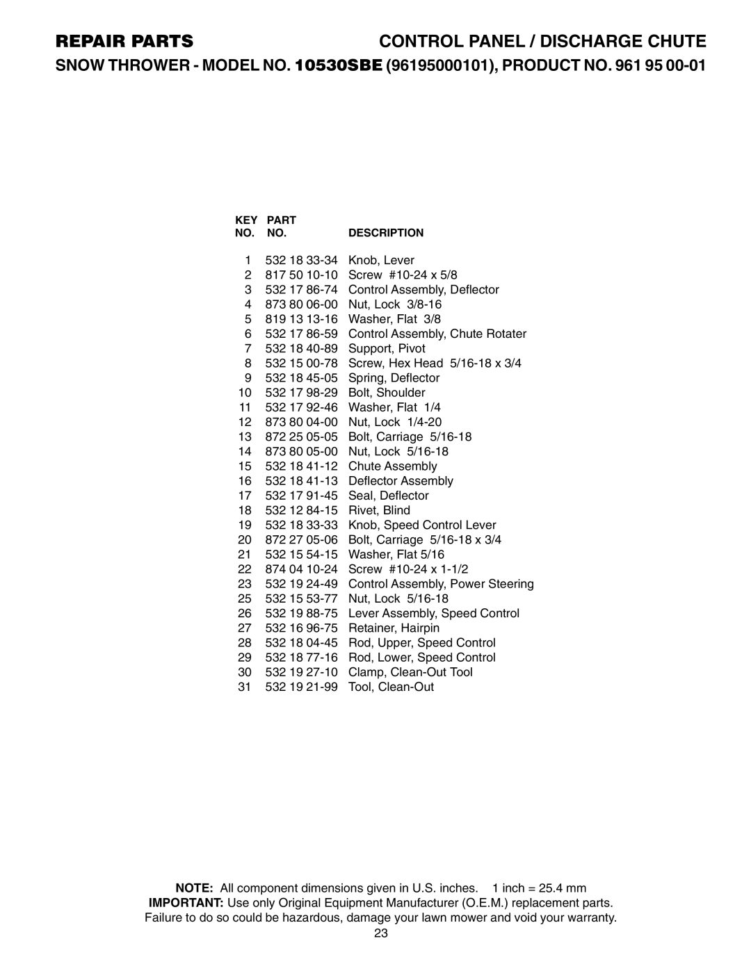 Poulan 961 95 00-01, 10530SBE manual KEY Part Description 