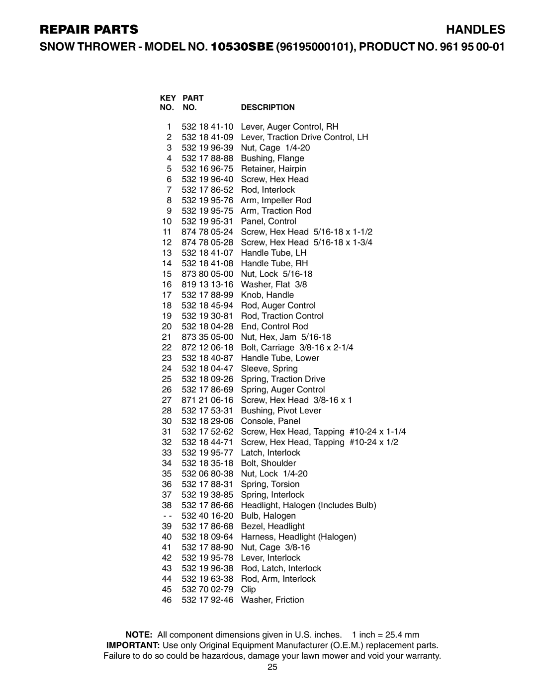 Poulan 961 95 00-01, 10530SBE manual Repair Parts 