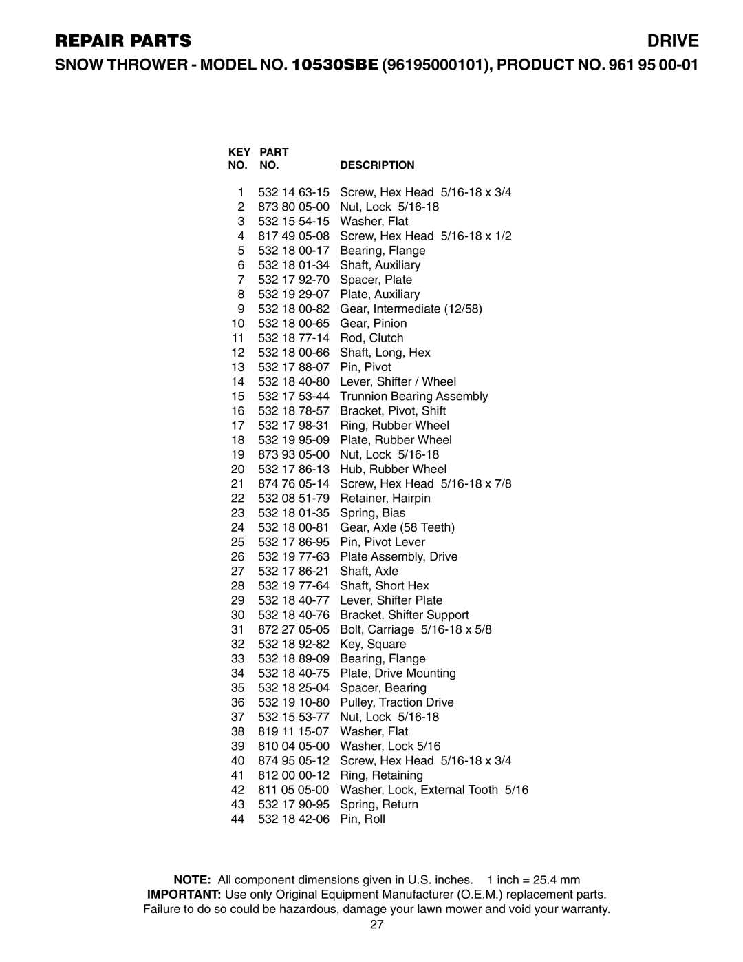 Poulan 961 95 00-01, 10530SBE manual Repair Parts 