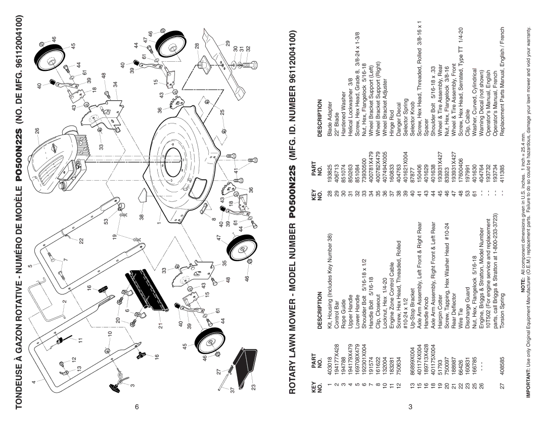 Poulan 96112004100 manual KEY Part Description 