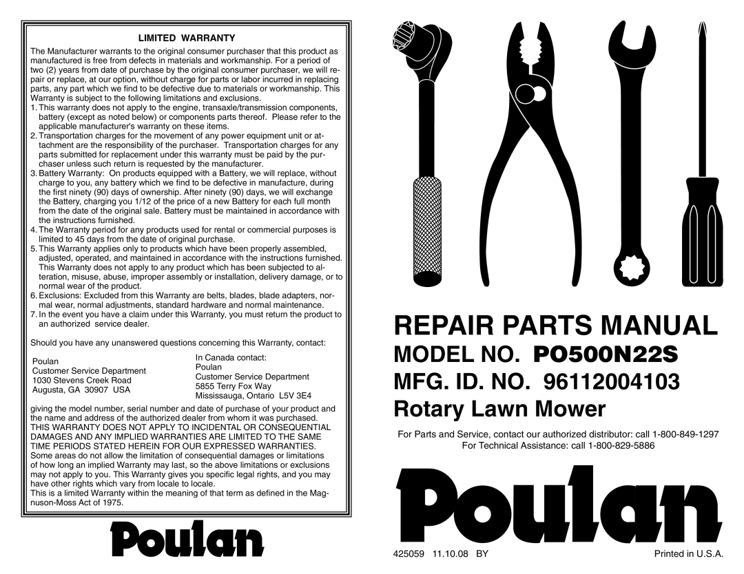 Poulan 96112004103 warranty Repair Parts Manual, Model NO. PO500N22S MFG. ID. no Rotary Lawn Mower, Limited Warranty 