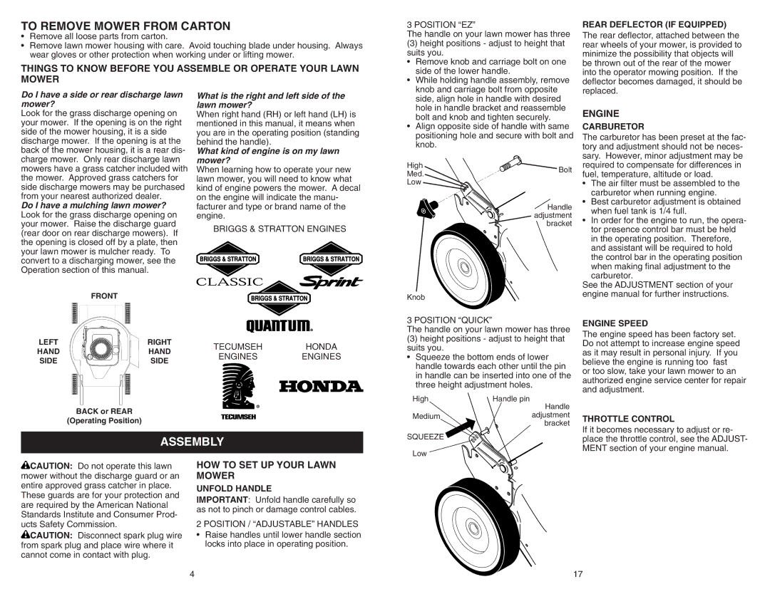 Poulan 961120042 manual Assembly, HOW to SET UP Your Lawn Mower 