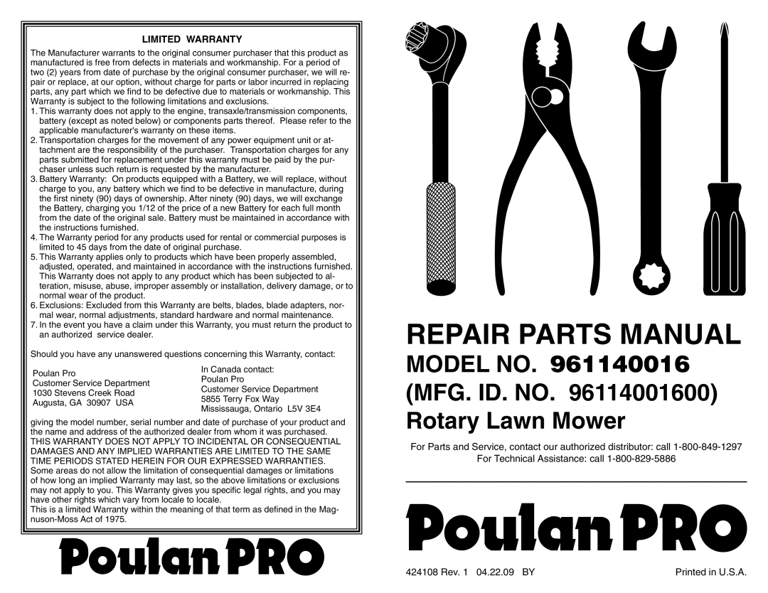 Poulan 961140016 warranty Repair Parts Manual, Model no MFG. ID. no Rotary Lawn Mower, Limited Warranty 