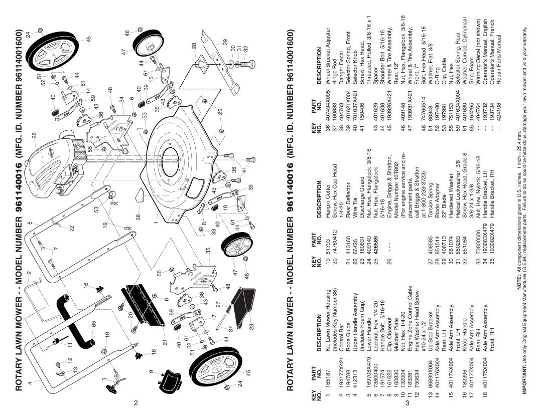 Poulan warranty Rotary Lawn Mower - Model Number 961140016 MFG. ID. Number, Key, Description, 426589 