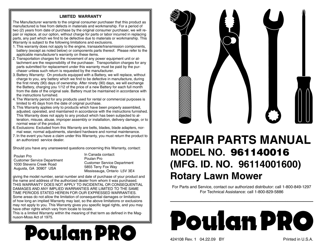 Poulan 961140016 warranty Repair Parts Manual, Limited Warranty, For Technical Assistance call, 424108 Rev. 1 04.22.09 BY 