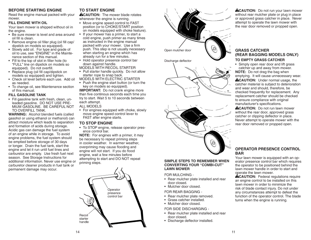 Poulan PR600Y22SHP manual Before Starting Engine, To Start Engine, To Stop Engine, Grass Catcher Rear Bagging Models only 