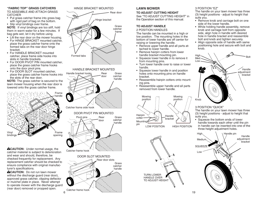 Poulan 961220014, PR600Y22SHP manual Fabric TOP Grass Catchers, To Adjust Cutting Height, To Adjust Handle 