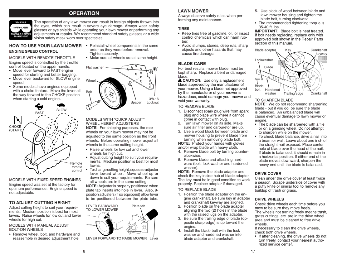 Poulan 961220014, PR600Y22SHP manual Operation, HOW to USE Your Lawn Mower, Blade Care, To Adjust Cutting Height 