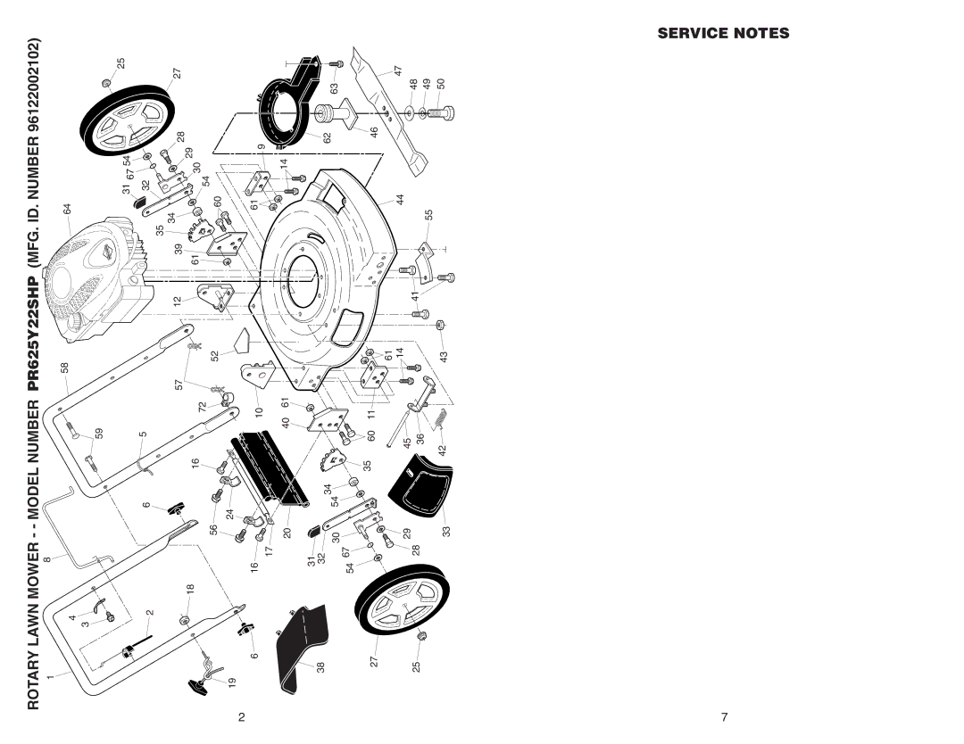 Poulan 96122002102 manual Rotary Lawn Mower - Model Number PR625Y22SHP MFG. ID. Number, Service 