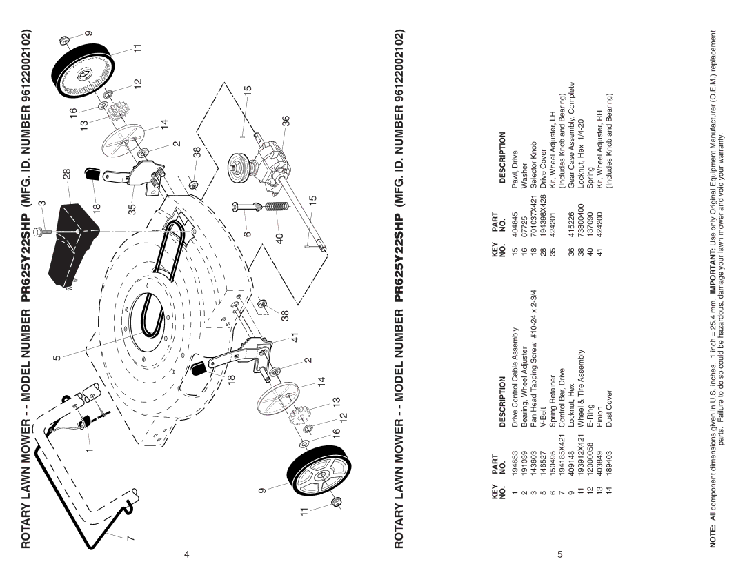 Poulan 96122002102 manual KEY Part Description 