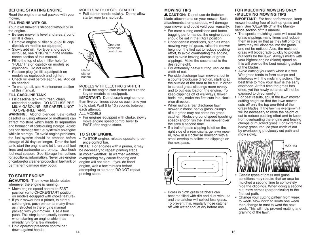 Poulan 961240002 manual Before Starting Engine, To Start Engine, To Stop Engine, Mowing Tips 