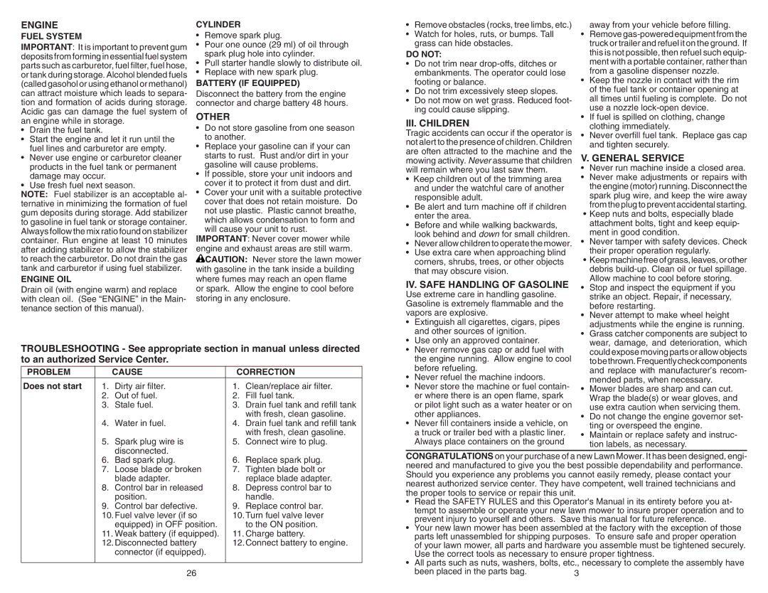 Poulan 961240002 manual Engine, Other, III. Children, IV. Safe Handling of Gasoline, General Service 