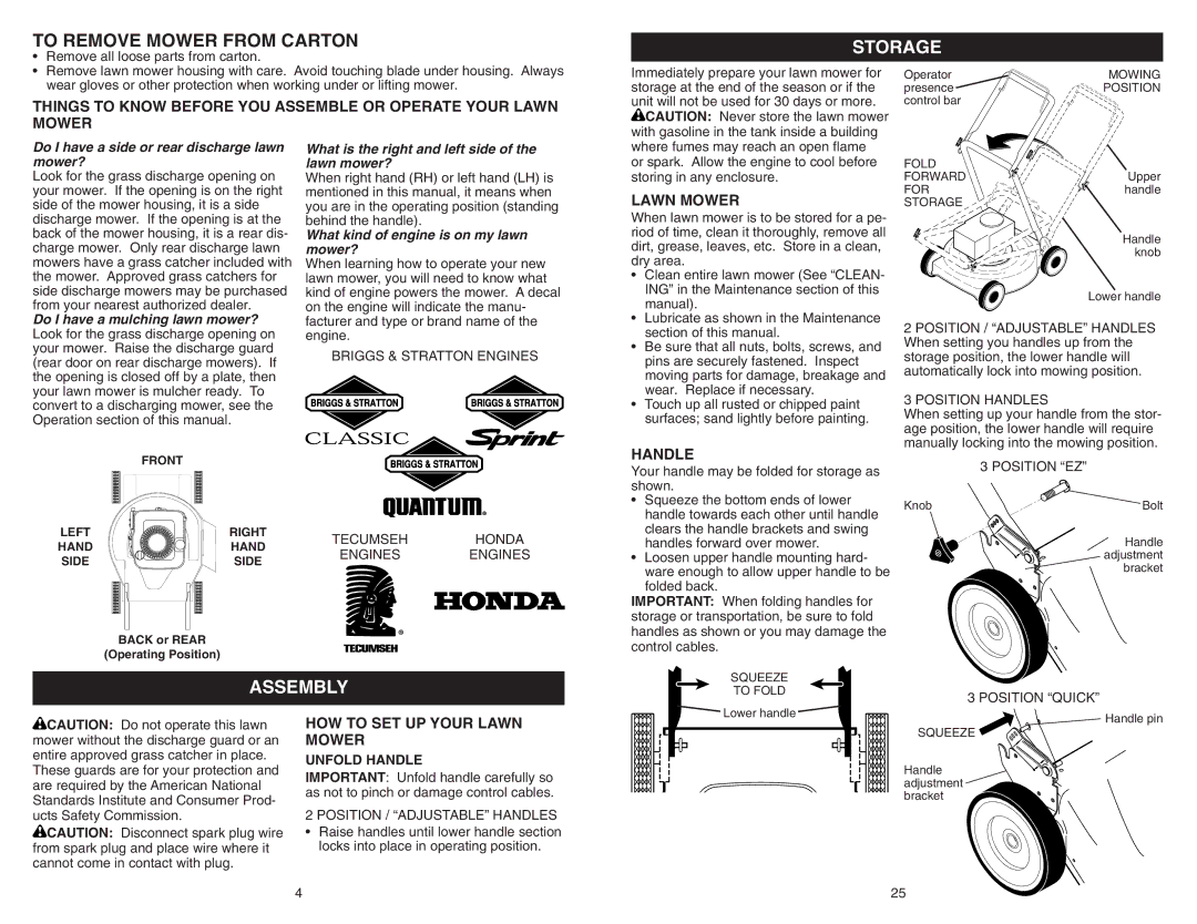 Poulan 961240002 manual Storage, Assembly, Handle, HOW to SET UP Your Lawn Mower 