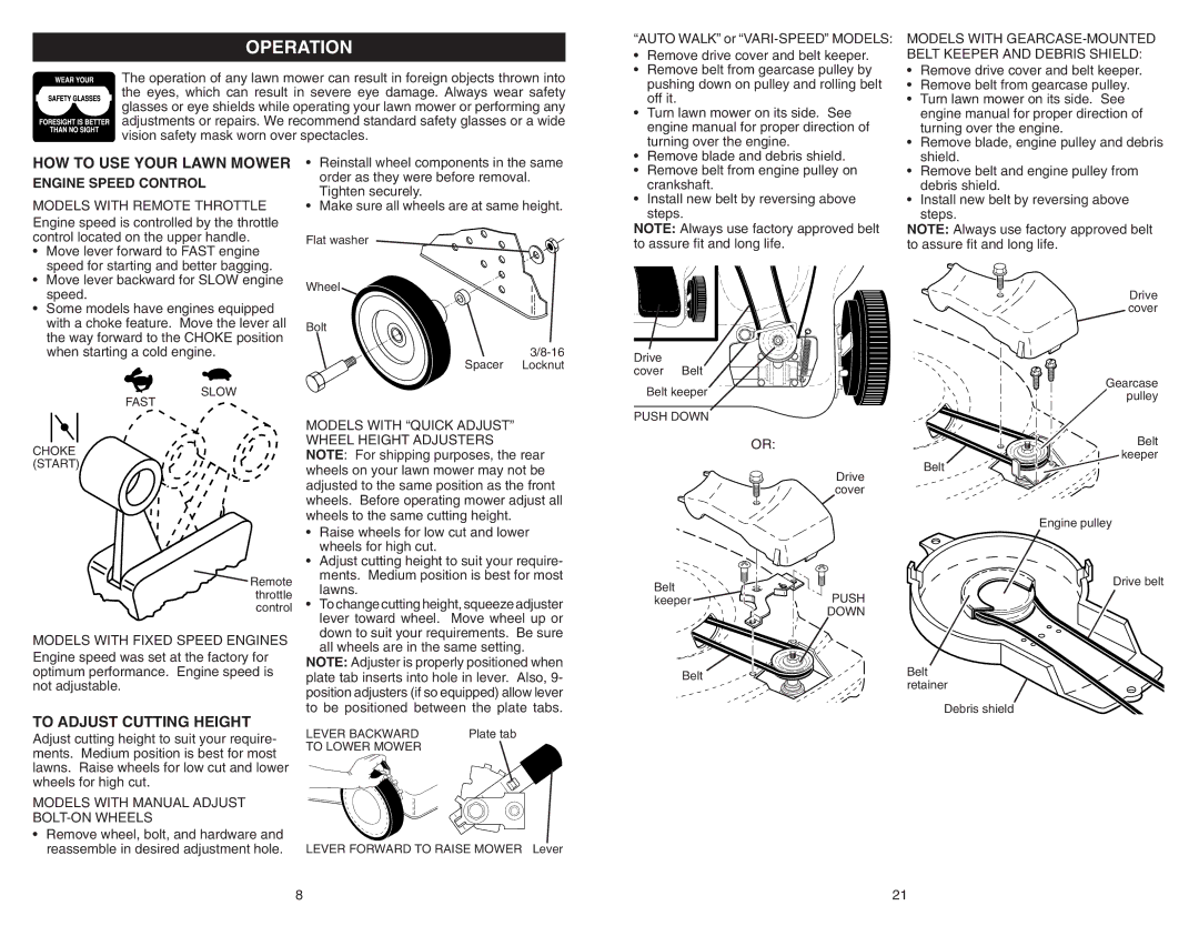 Poulan 961240002 manual Operation, HOW to USE Your Lawn Mower, To Adjust Cutting Height, Engine Speed Control 