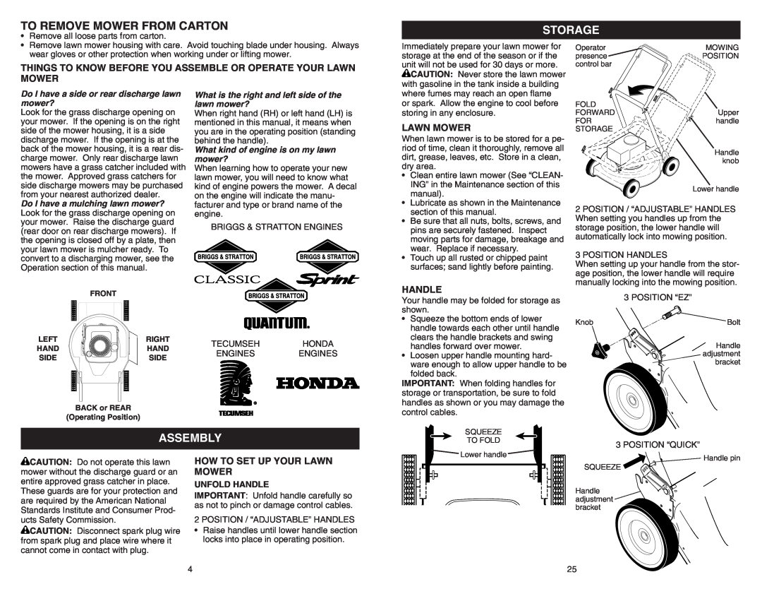 Poulan 961240002 manual Storage, Assembly, How To Set Up Your Lawn Mower, Tecumseh, Honda, Engines, Unfold Handle 