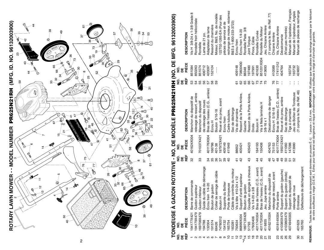 Poulan 96132003900, PR625N21RH manual RÉF Piéce Description 