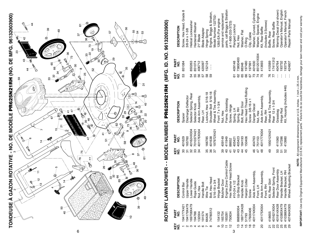 Poulan PR625N21RH, 96132003900 manual KEY Part NO. no, KEY Part Description 