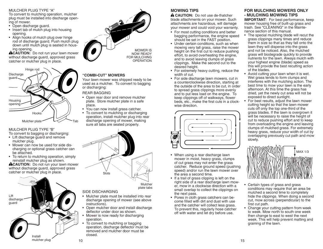 Poulan 961420034 manual For Mulching Mowers only Mulching Mowing Tips, COMBI-CUT Mowers 