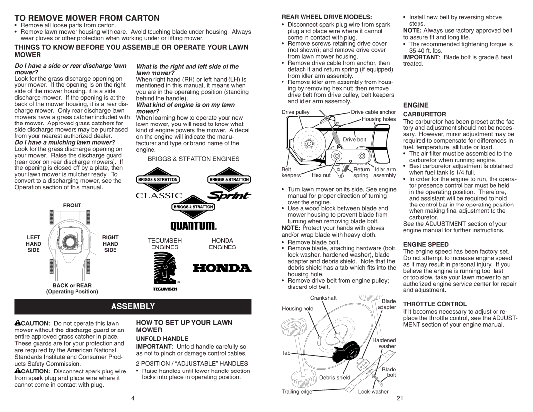 Poulan 961420034 manual Assembly, HOW to SET UP Your Lawn Mower 